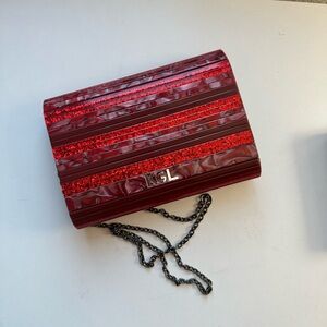 Kurt Geiger Red Glitter Stripe Envelope Clutch with Chain